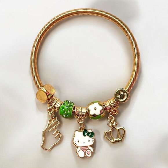 Hello Kitty Green Smiley Face Crown Love Sign Gold Tone Stretch Charm Bracelet - Picture 1 of 2